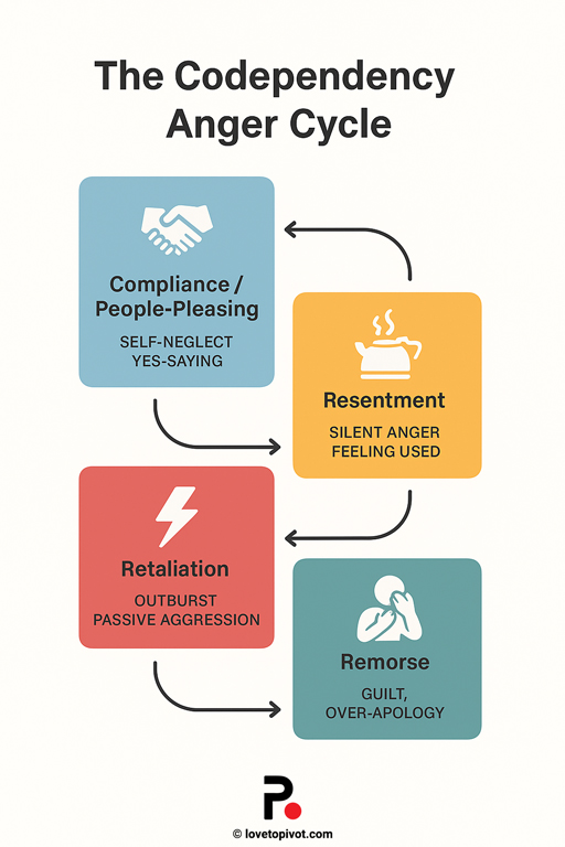 Infographic showing the four-step Codependency Anger Cycle:
            Compliance/People-Pleasing → Resentment → Retaliation → Remorse