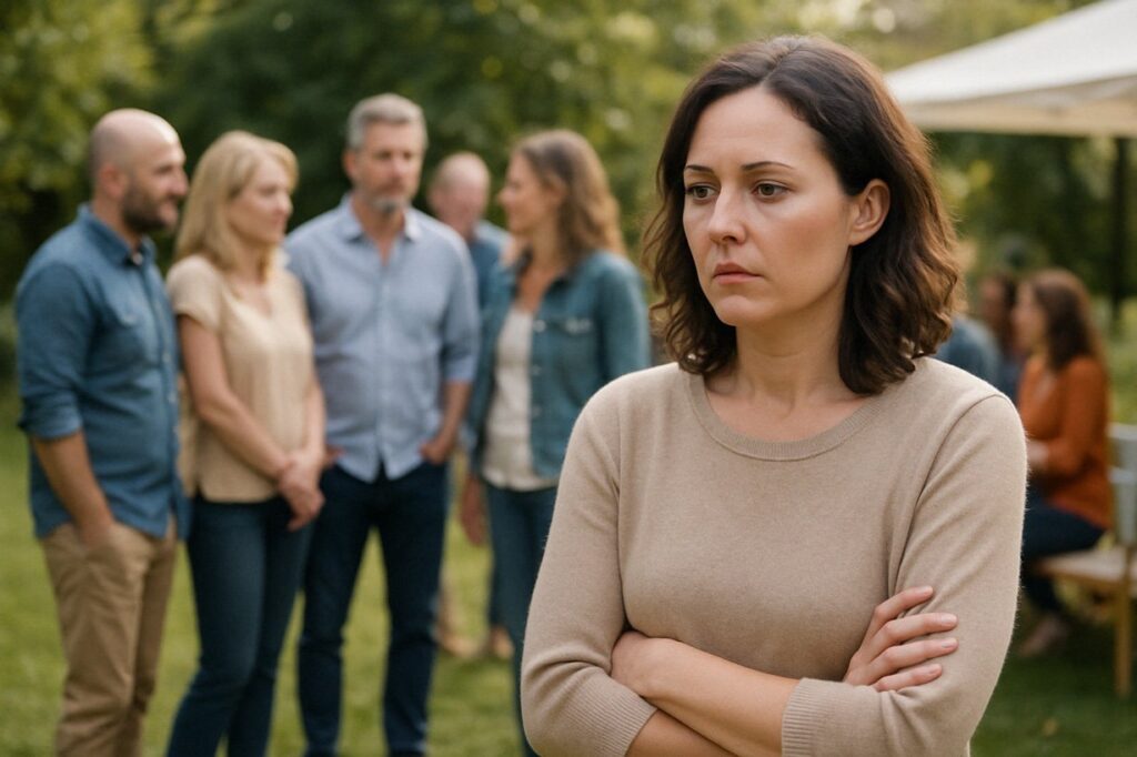 woman emotional distance from family outside