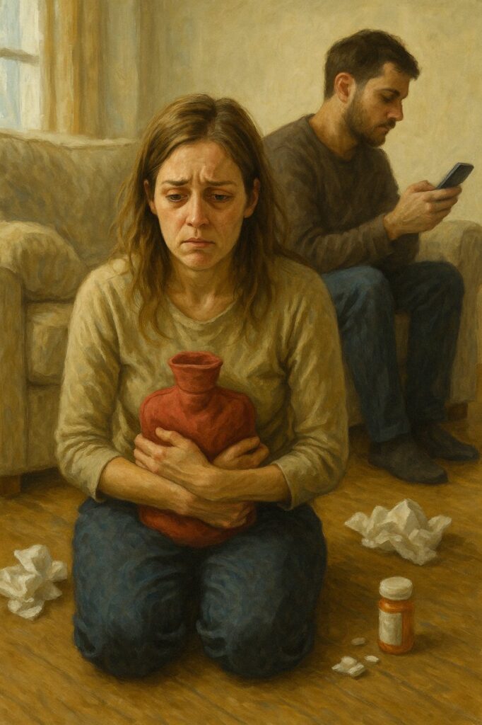 late stage codependency woman wife exhausted and substance use, male husband in background staring at mobile phone