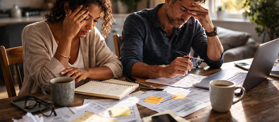 man and woman overwhelmed distracted confused sitting at table adhd
