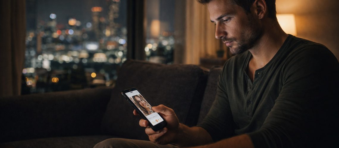 man watching dating app on mobile phone