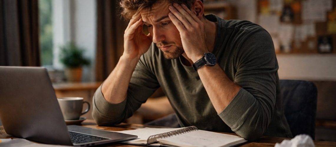stressed man working at desk with laptop and documents on table with adhd