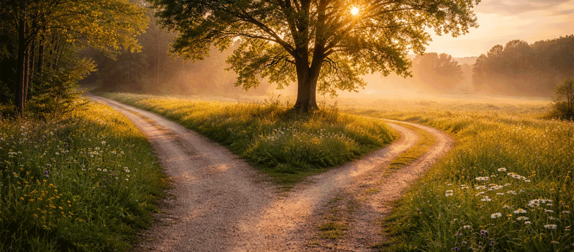 at sunset a dirt path forks with a tree in the middle.